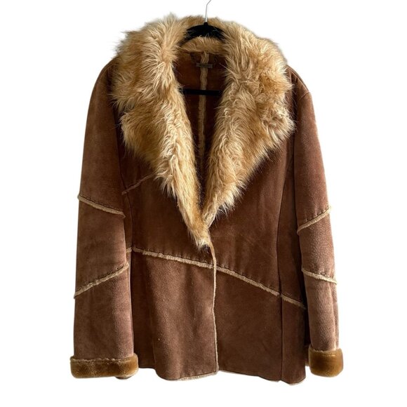 VTG Penny Lane Coat Sz XL Suede Leather Faux Fur Trim Y2K 70s Boho Patchwork - Picture 1 of 14